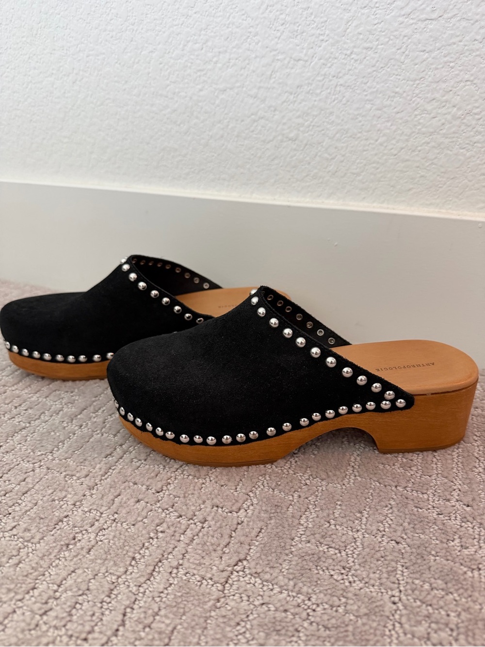 Anthropologie Black Suede Studded Wooden Clog Mules